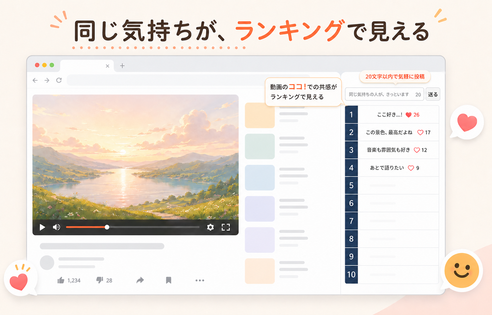 動画の再生位置に応じて共感ランキングが表示されるイメージ